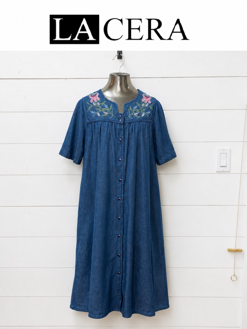 La Cera Embroidered Denim Grandma-Style Dress – Size S